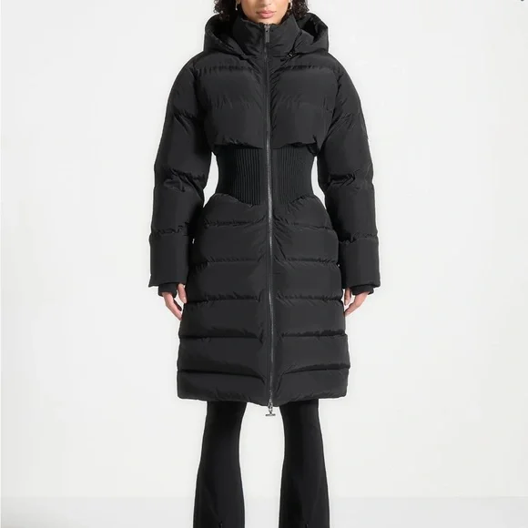 Corset Detail Longline Puffer Coat - Black - Picture 3 of 4